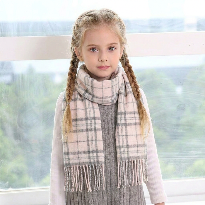 100% Cashmere Tartan Mini Scarf for Kids - Soft Children’s Luxury Scarf - THOMSON PALE PINK