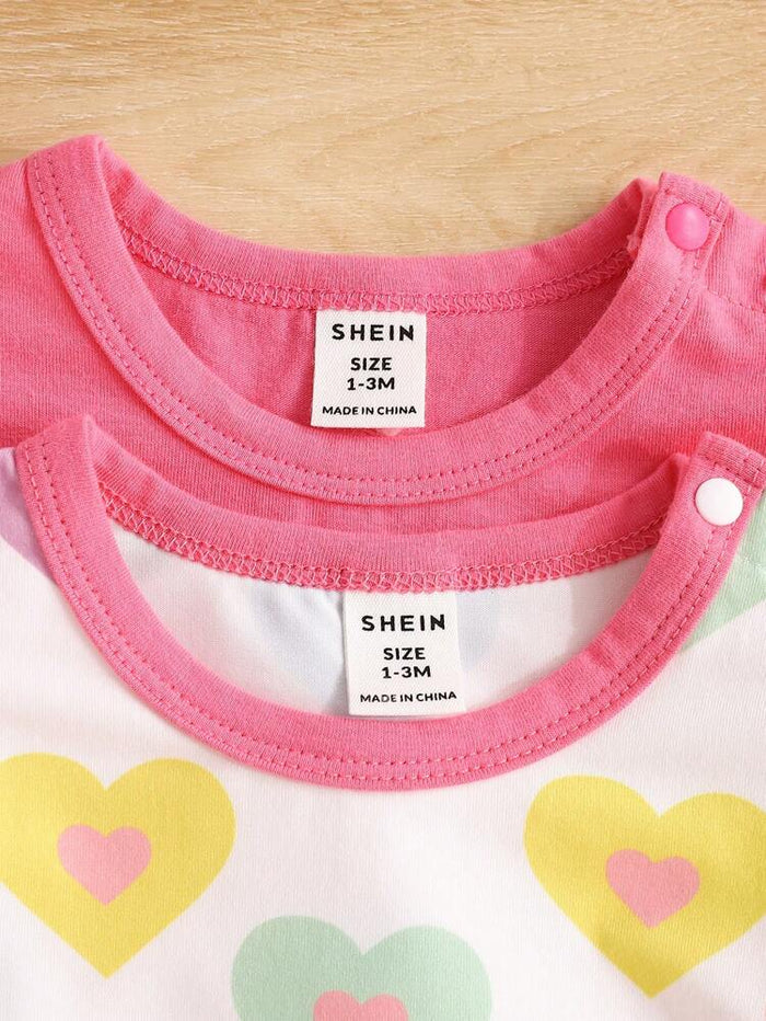 2-Pack Baby Girl Flutter Sleeve Romper Set – Solid Pink & Colorful Heart Print Summer One-Piece Outfits