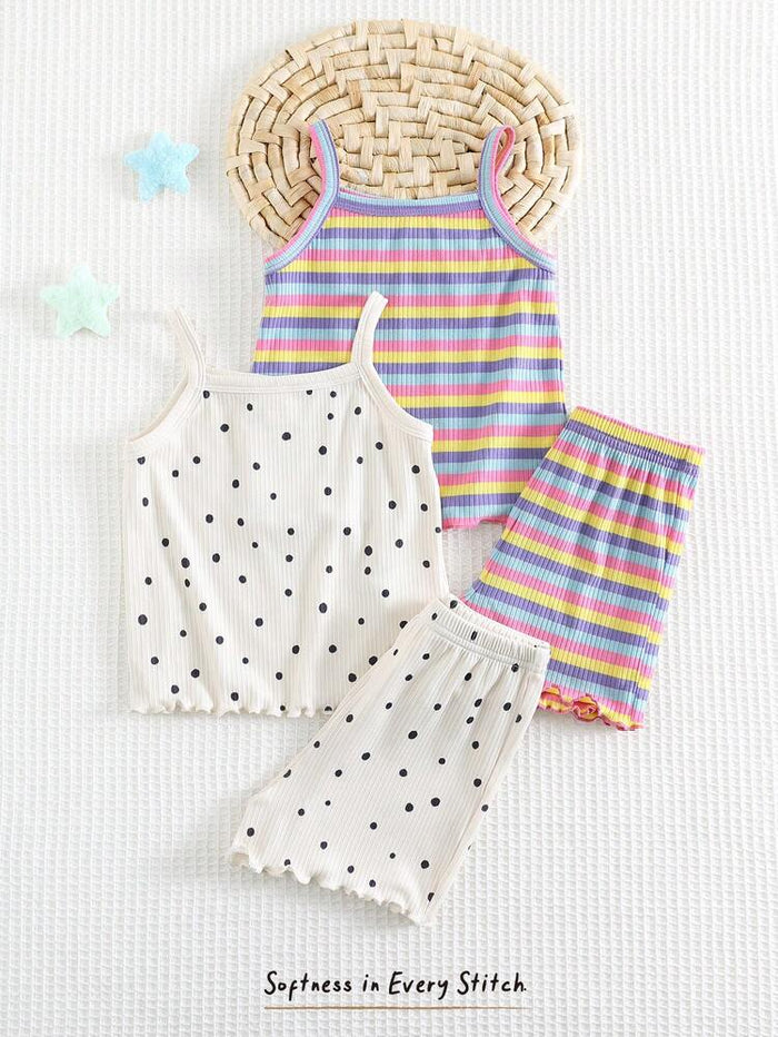 2-Pack Baby Girl Ribbed Summer Outfit Set – Rainbow Stripe & Polka Dot Cami Top with Shorts Sets