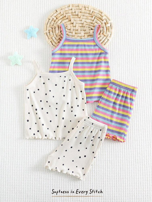 2-Pack Baby Girl Ribbed Summer Outfit Set – Rainbow Stripe & Polka Dot Cami Top with Shorts Sets