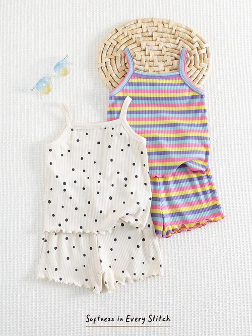 2-Pack Baby Girl Ribbed Summer Outfit Set – Rainbow Stripe & Polka Dot Cami Top with Shorts Sets