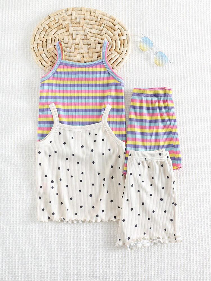 2-Pack Baby Girl Ribbed Summer Outfit Set – Rainbow Stripe & Polka Dot Cami Top with Shorts Sets