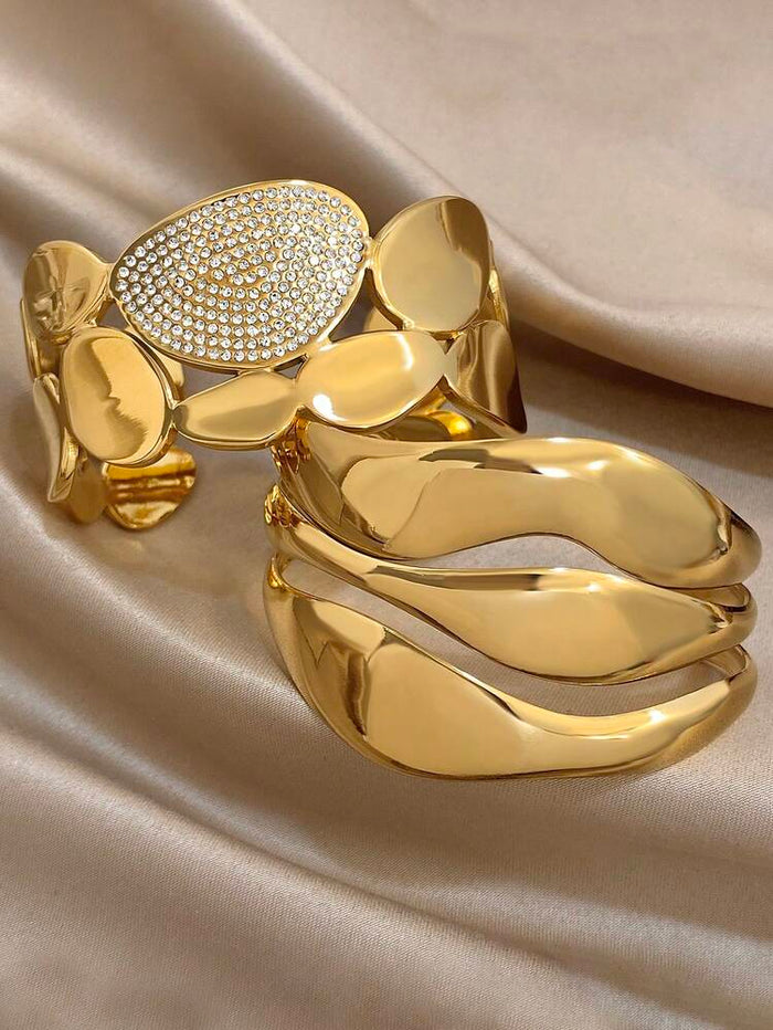 2 Piece Gold Tone Wide Cuff Bracelet Set – Abstract Statement Bangles with Crystal Accent for Women