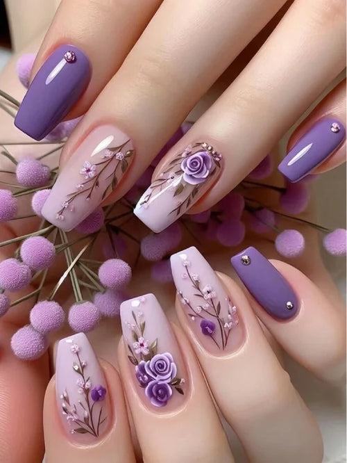 24 Pieces Press On Nails â€“ Purple Floral 3D Design