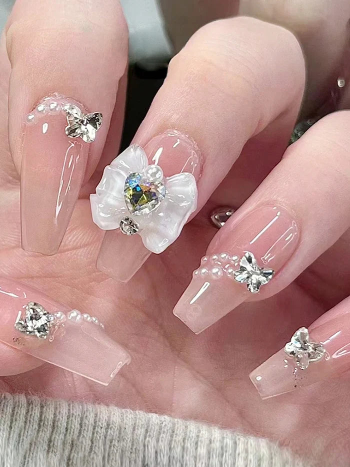24PCS 3D White Flower Crystal Press On Nails â€“ Long Square