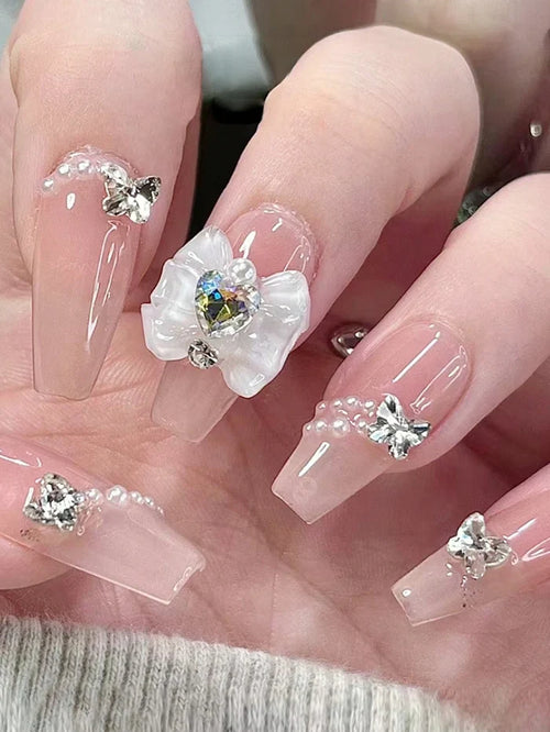 24PCS 3D White Flower Crystal Press On Nails â€“ Long Square