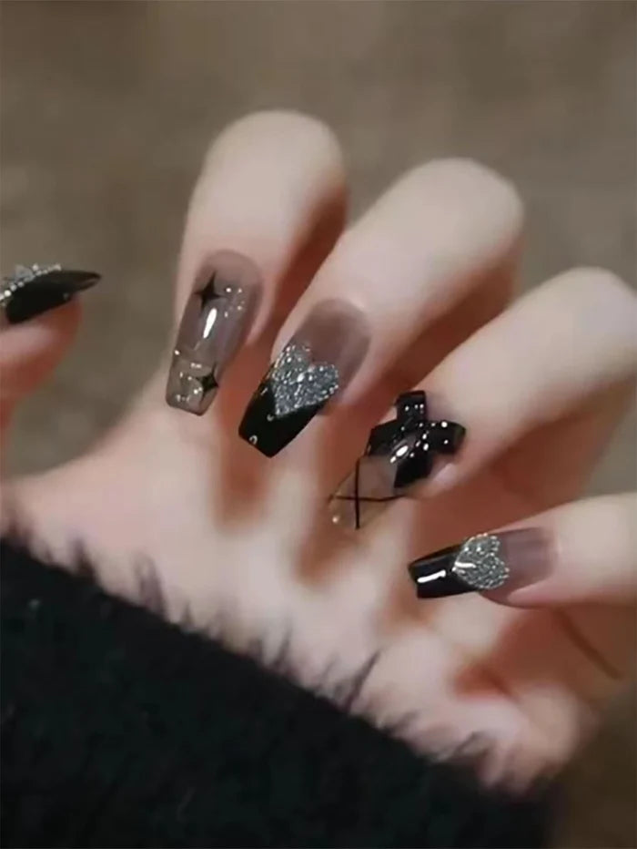 24PCS Black & Nude Glitter Press On Nails â€“ Long Square Luxury Nail Set
