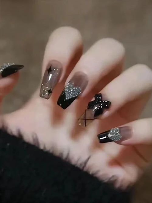 24PCS Black & Nude Glitter Press On Nails â€“ Long Square Luxury Nail Set