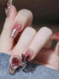 24PCS Burgundy Rose & Butterfly Press On Nails â€“ Glitter Gradient Design