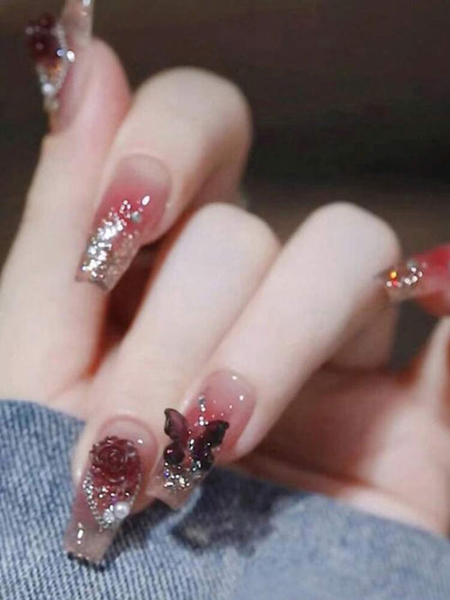 24PCS Burgundy Rose & Butterfly Press On Nails â€“ Glitter Gradient Design