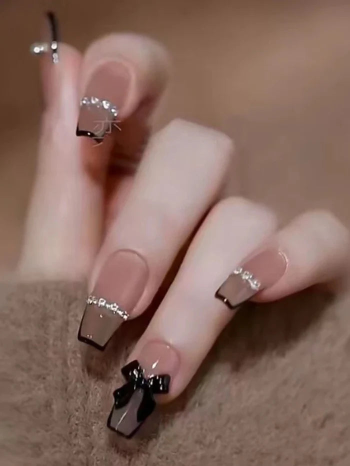 24PCS Nude French Black Bow Press On Nails â€“ Rhinestone Line Design