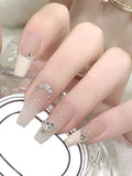 24PCS Nude French Rhinestone Press On Nails â€“ Long Square Elegant Design