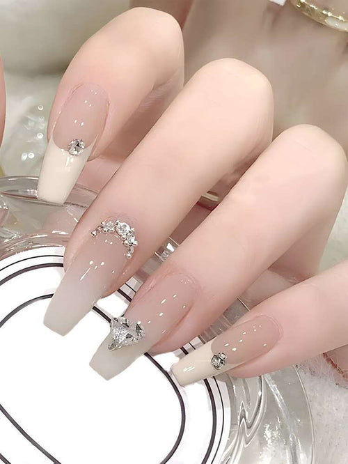 24PCS Nude French Rhinestone Press On Nails â€“ Long Square Elegant Design