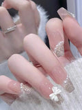 24PCS Nude Glitter Pearl Bow Press On Nails â€“ Long Square Luxury Design