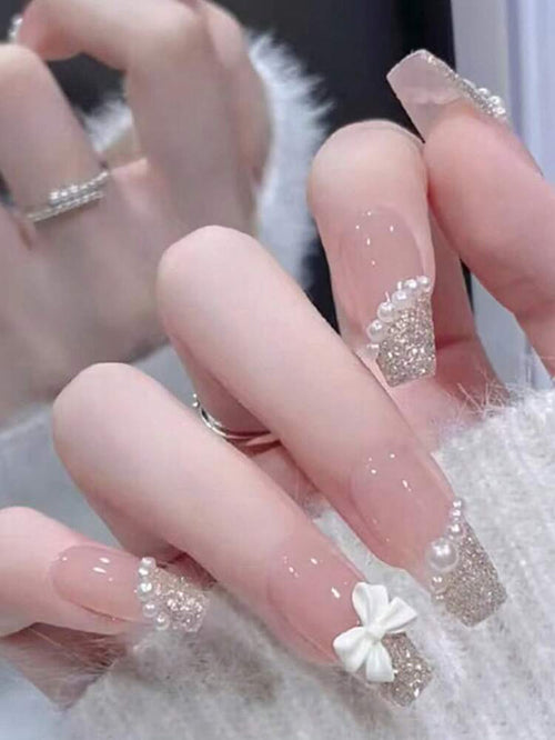24PCS Nude Glitter Pearl Bow Press On Nails â€“ Long Square Luxury Design