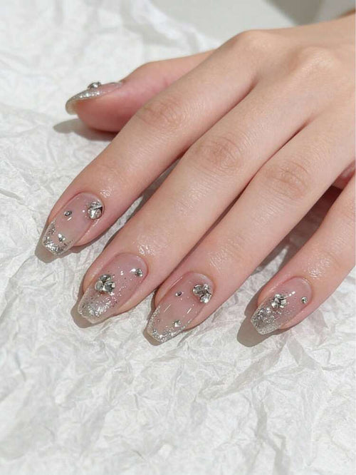 24PCS Nude Glitter Press On Nails â€“ Rhinestone Long Square Design