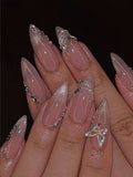 24PCS Nude Pink Butterfly Stiletto Press On Nails â€“ Silver Glitter Design