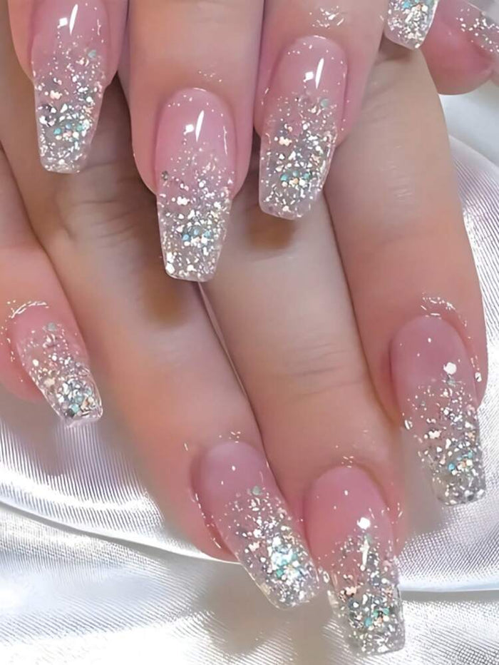 24PCS Pink Glitter Gradient Press On Nails â€“ Long Square Shiny Design