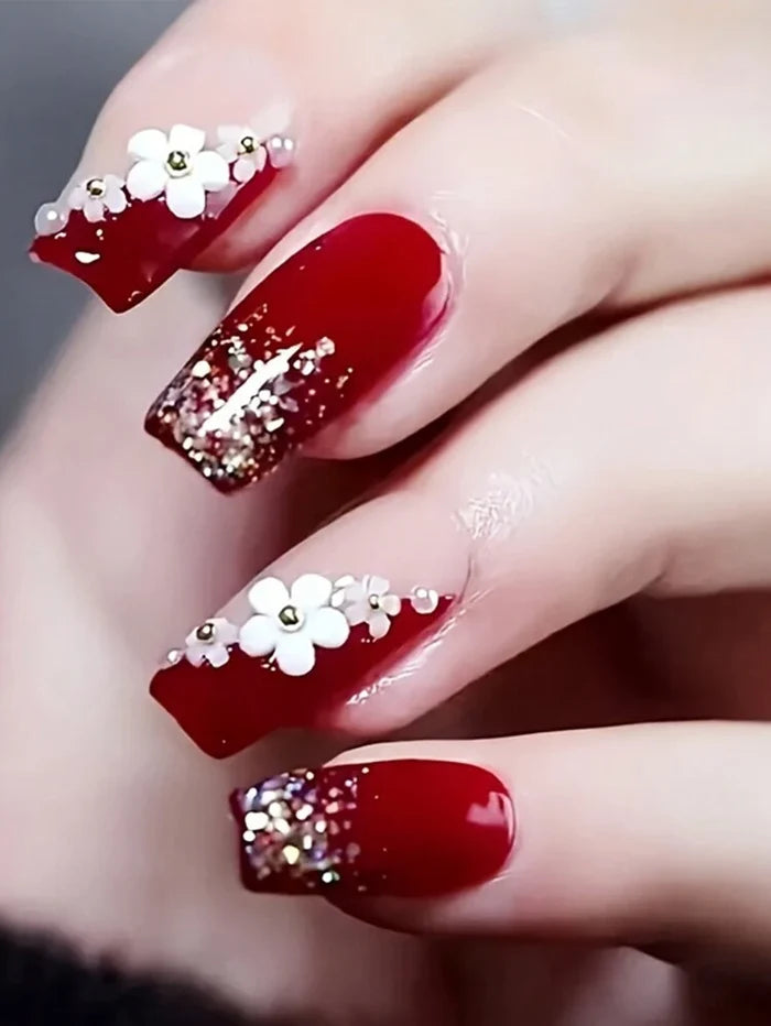 24PCS Red Floral Glitter Press On Nails â€“ Square Shape