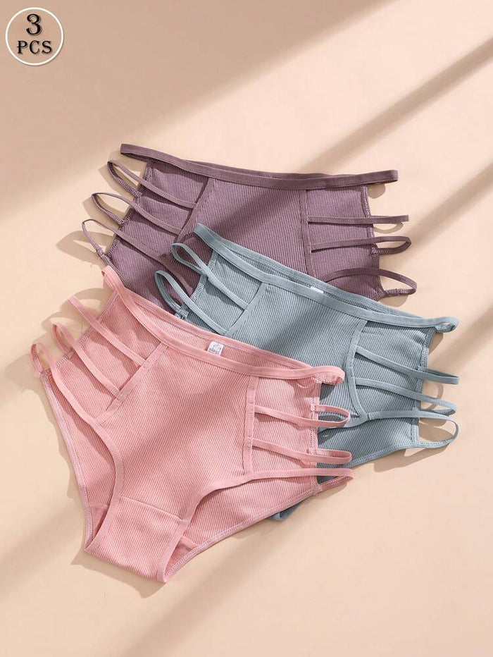 3-Pack Ribbed Strappy Side Panties for Women – Soft Stretch Bikini Briefs – Shein Style Trendy Underwear Set