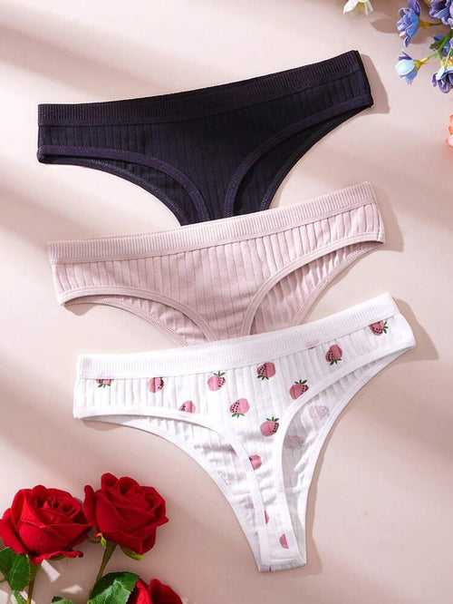 3-Piece Cotton Ribbed Women’s Panty Set – Soft Stretch Strawberry Print Low Rise Everyday Underwear