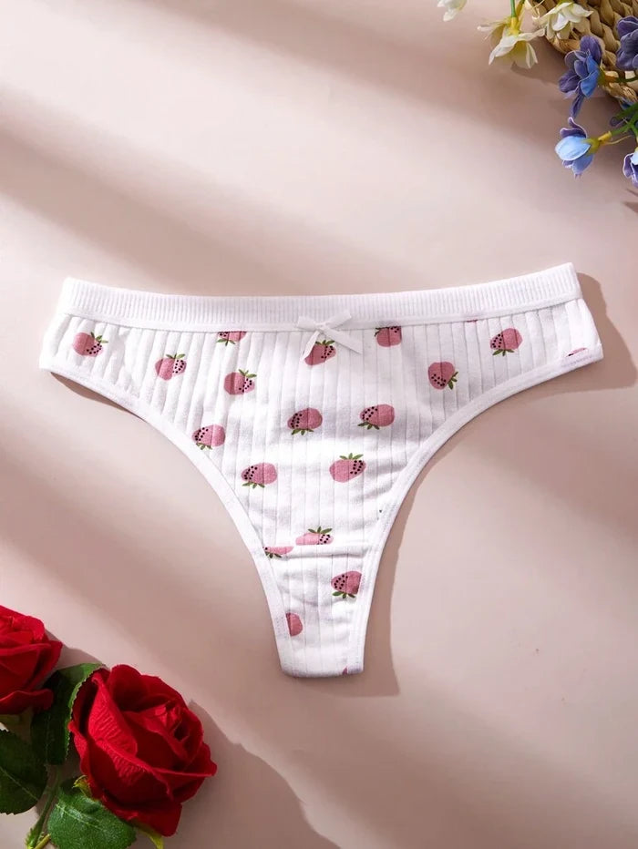 3-Piece Cotton Ribbed Women’s Panty Set – Soft Stretch Strawberry Print Low Rise Everyday Underwear