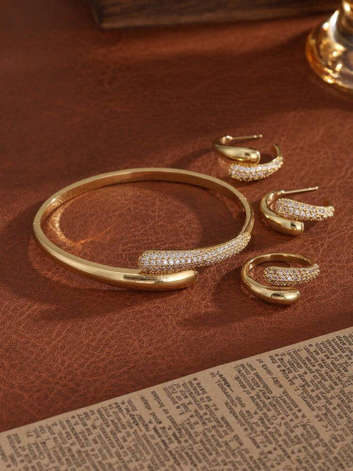 3 Piece Gold Tone Jewelry Set – Crystal Cuff Bracelet with Hoop Earrings and Ring for Women