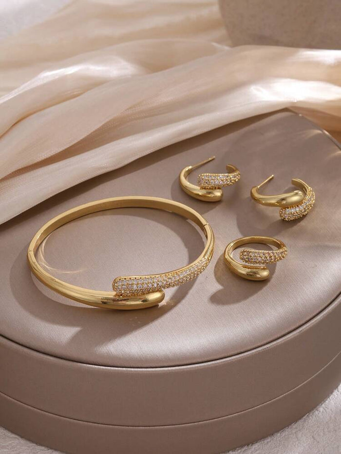 3 Piece Gold Tone Jewelry Set – Crystal Cuff Bracelet with Hoop Earrings and Ring for Women