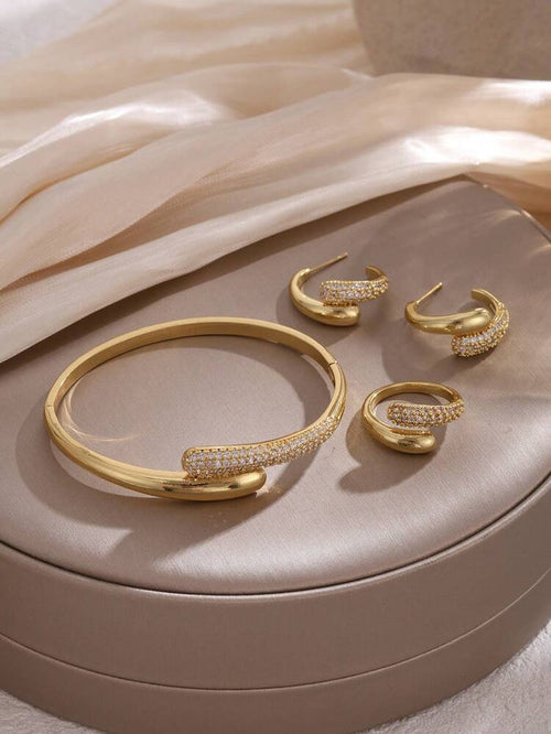 3 Piece Gold Tone Jewelry Set – Crystal Cuff Bracelet with Hoop Earrings and Ring for Women