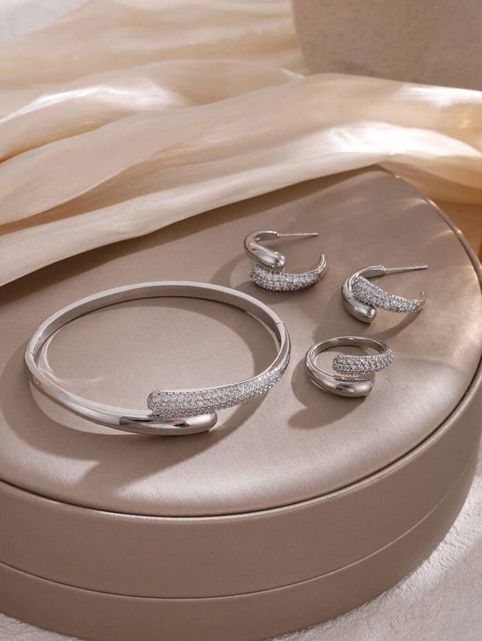 3 Piece Gold Tone Jewelry Set – Crystal Cuff Bracelet with Hoop Earrings and Ring for Women