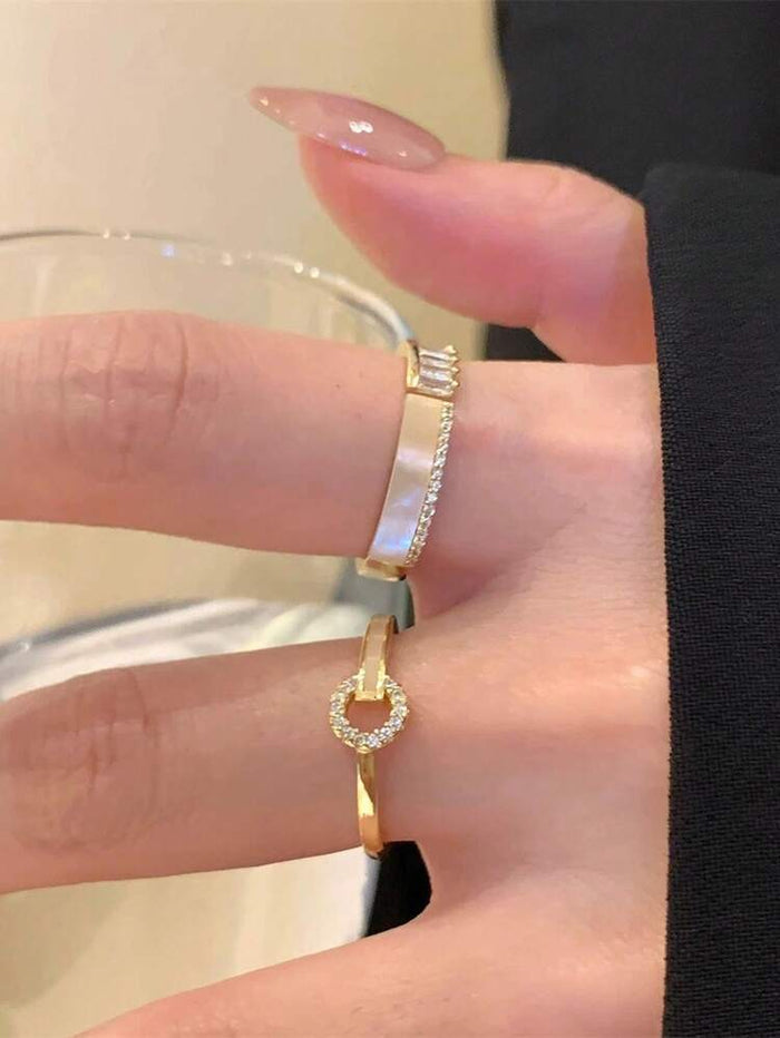 3 Piece Gold Tone Ring Set – Crystal Band and Geometric Statement Rings for Women