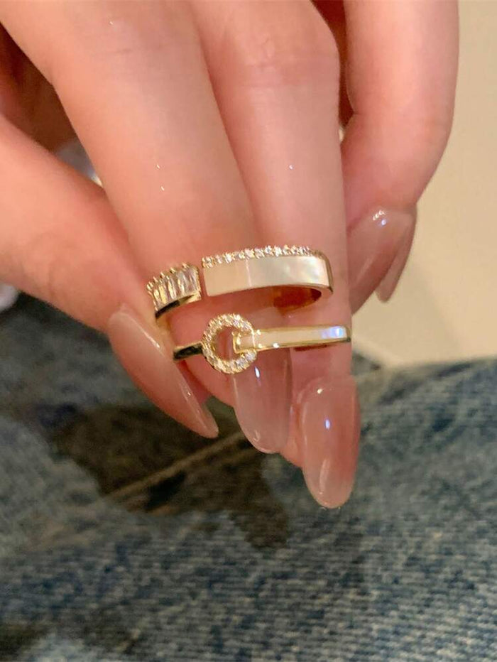 3 Piece Gold Tone Ring Set – Crystal Band and Geometric Statement Rings for Women
