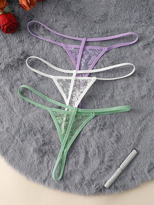 3-Piece Lace Mesh Women’s G-String Panty Set – Low Rise Stretch Thong Underwear in White, Mint & Lilac