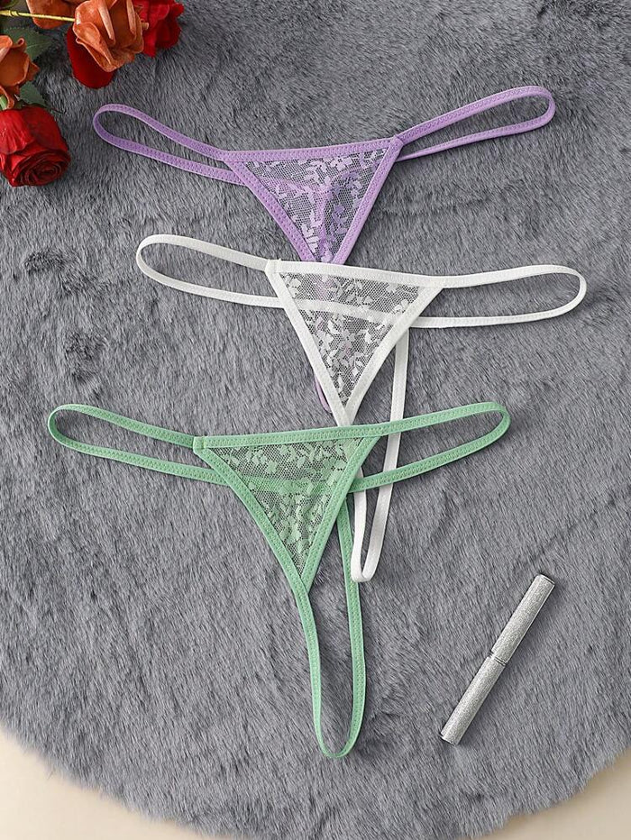 3-Piece Lace Mesh Women’s G-String Panty Set – Low Rise Stretch Thong Underwear in White, Mint & Lilac
