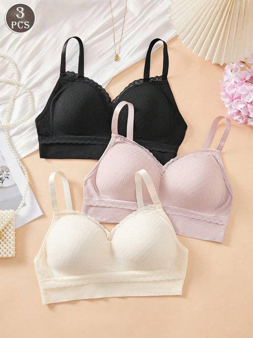 3-Piece Women’s Wireless Comfort Bra Set – Soft Ribbed Padded Everyday Bras in Black, Pink & Cream