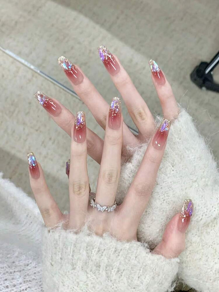 30PCS Burgundy Glitter Ombre Press On Nails â€“ Long Almond