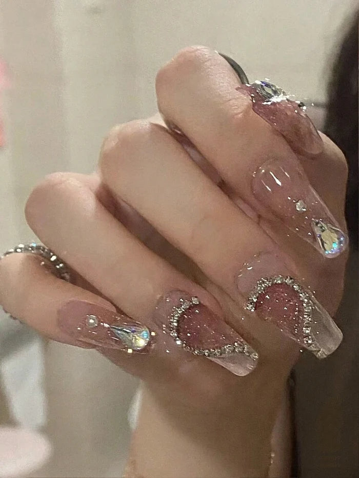 30PCS Pink Crystal Heart Press On Nails â€“ Medium Square