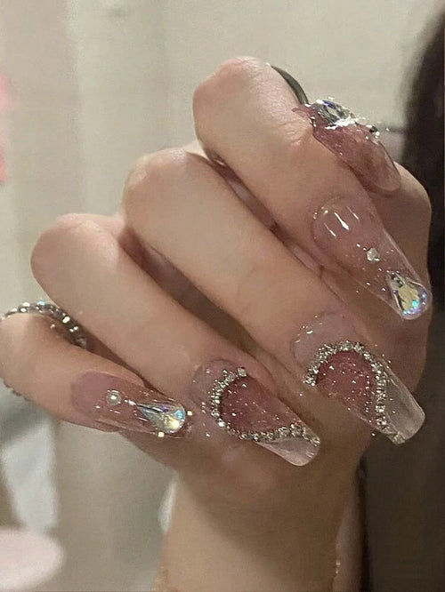 30PCS Pink Crystal Heart Press On Nails â€“ Medium Square