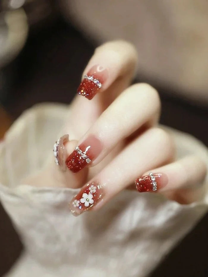 30PCS Red Glitter Floral Crystal Press On Nails â€“ Short Square