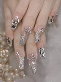 30PCS Silver Glitter Butterfly Crystal Press On Nails â€“ Long Coffin