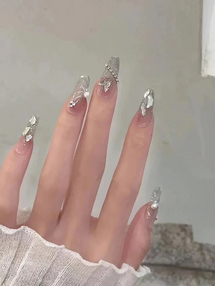 30PCS Silver Glitter Star Crystal Press On Nails â€“ Long Almond