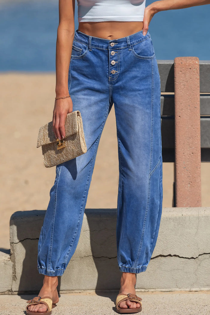 4 Buttons Front Tapered Casual Loose Fit Jeans – Blue