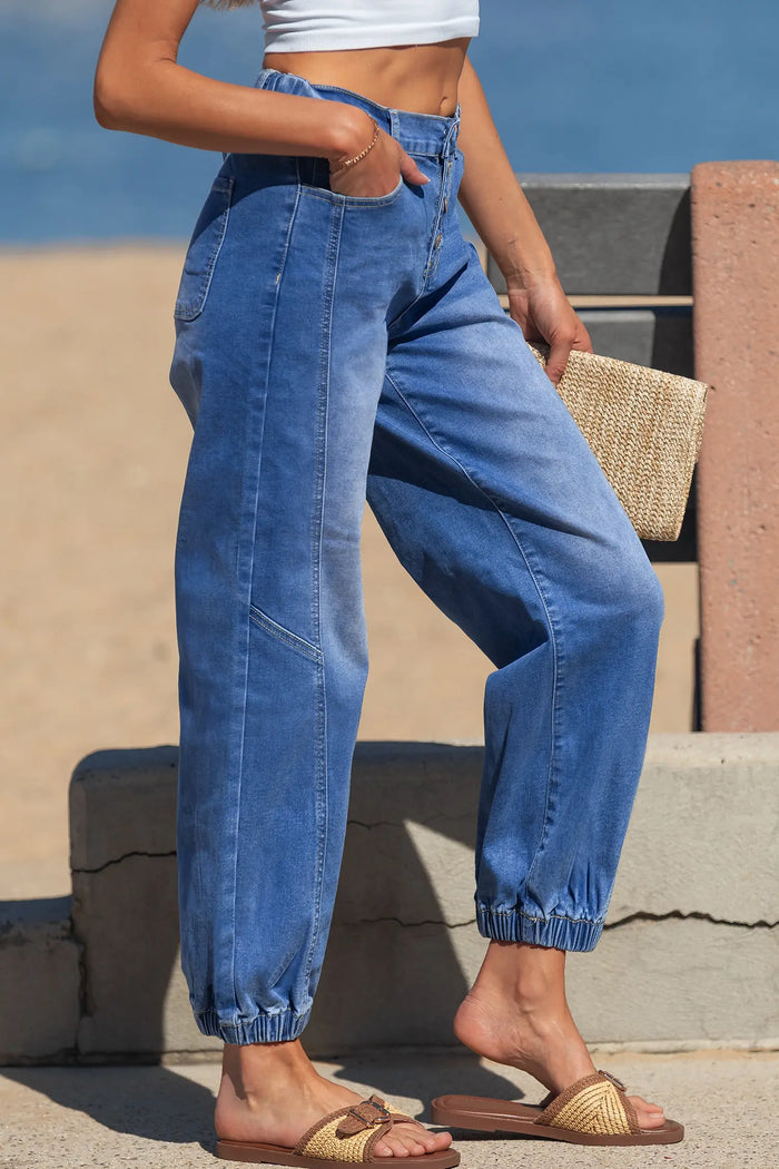 4 Buttons Front Tapered Casual Loose Fit Jeans – Blue