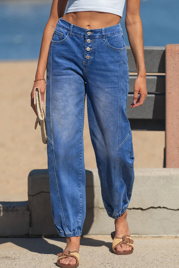 4 Buttons Front Tapered Casual Loose Fit Jeans – Blue