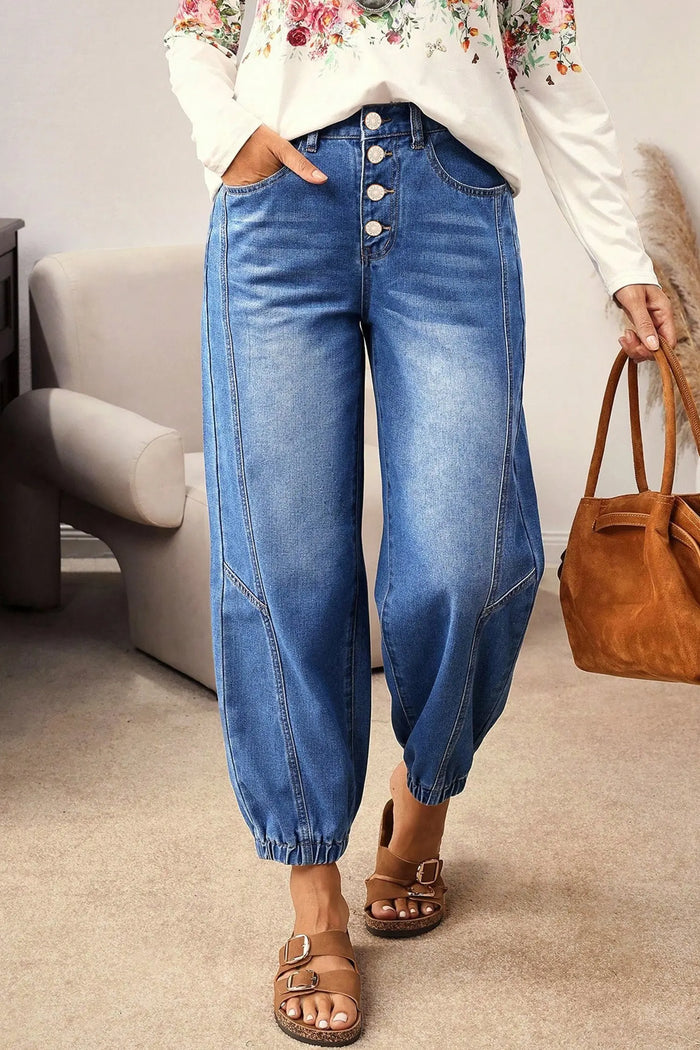 4 Buttons Front Tapered Casual Loose Fit Jeans – Blue
