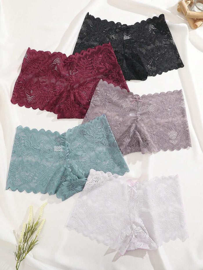 4-Pack Women’s Lace Boyshort Panties Set – Black, Burgundy, Gray & White