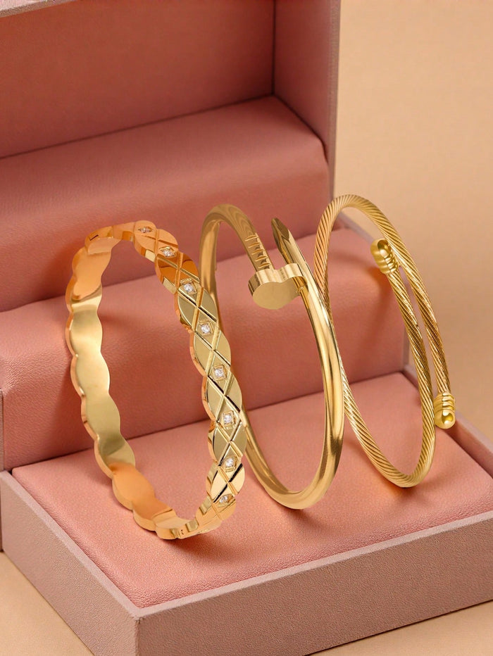 4 Piece Gold Tone Bangle Bracelet Set – Textured Nail and Crystal Detail Stackable Bracelets for Women