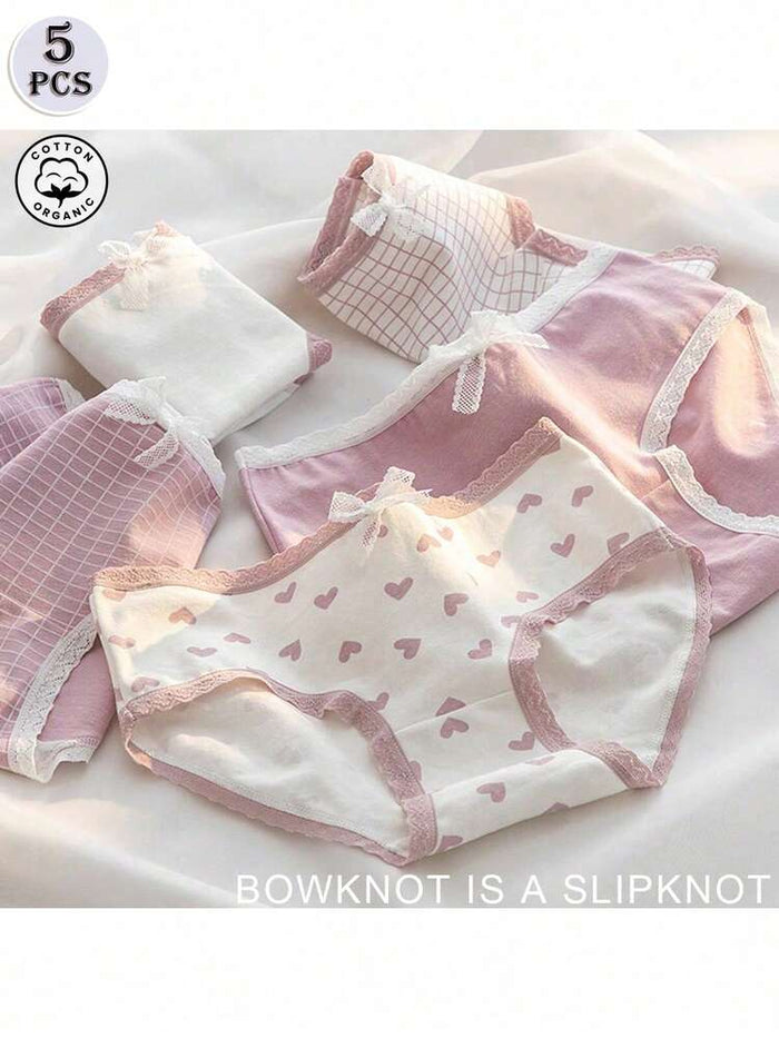 5-Piece Organic Cotton Women’s Cute Brief Panty Set – Soft Mid Rise Underwear with Pink Heart & Plaid Prints
