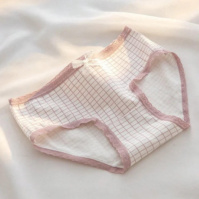5-Piece Organic Cotton Women’s Cute Brief Panty Set – Soft Mid Rise Underwear with Pink Heart & Plaid Prints