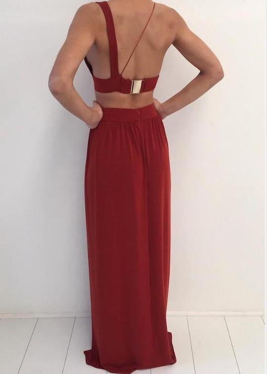 A Line 2 Pieces Backless Burgundy Prom Dress with Slit, 2 Pieces Formal Dresses, Graduation Dresses